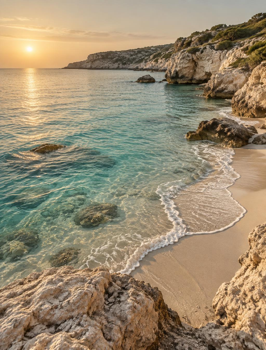Clear turquoise water meeting pale sand on an empty limestone cove near Limassol at golden hour