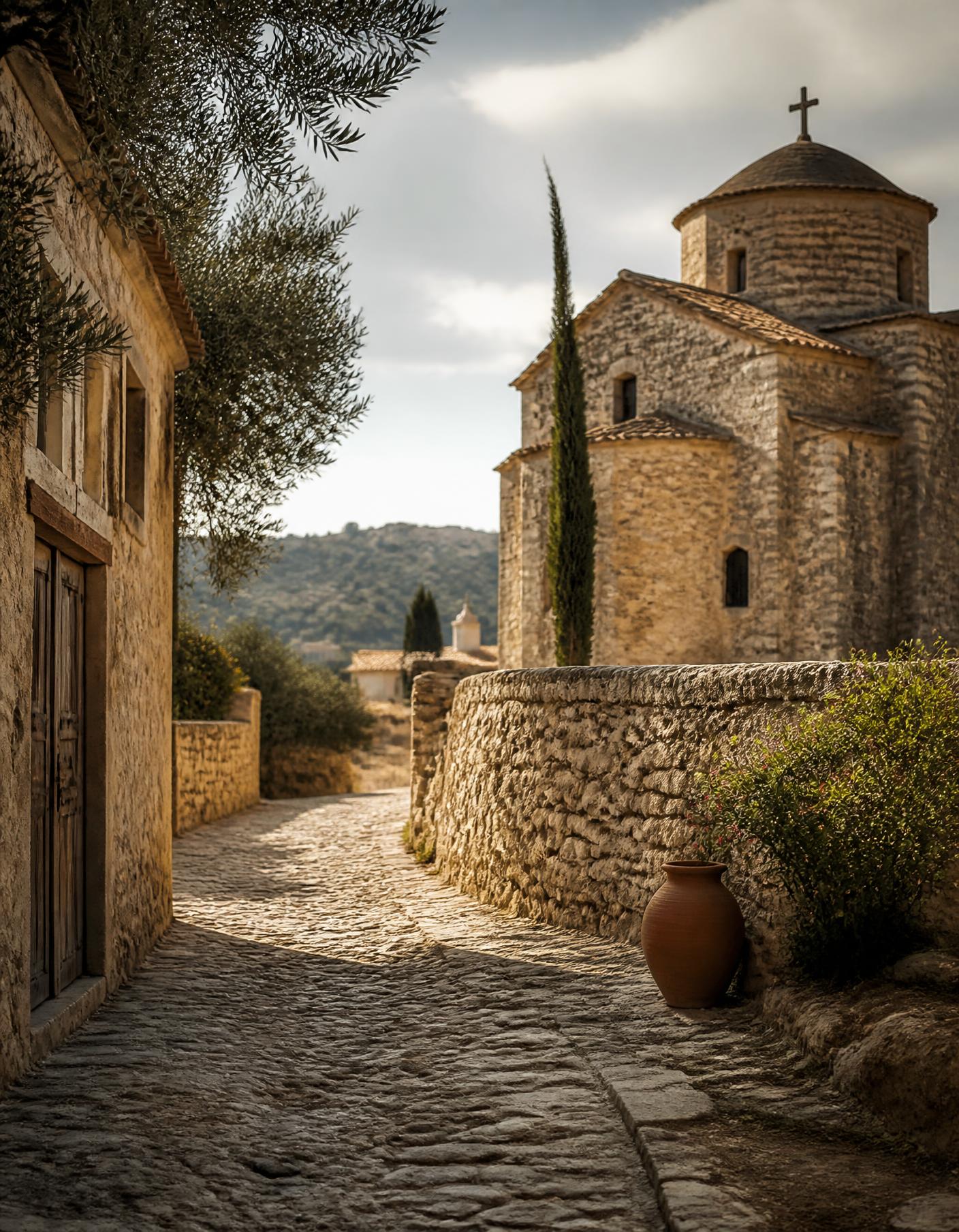 A cobbled lane leading to a stone Byzantine chapel near Limassol, Cyprus