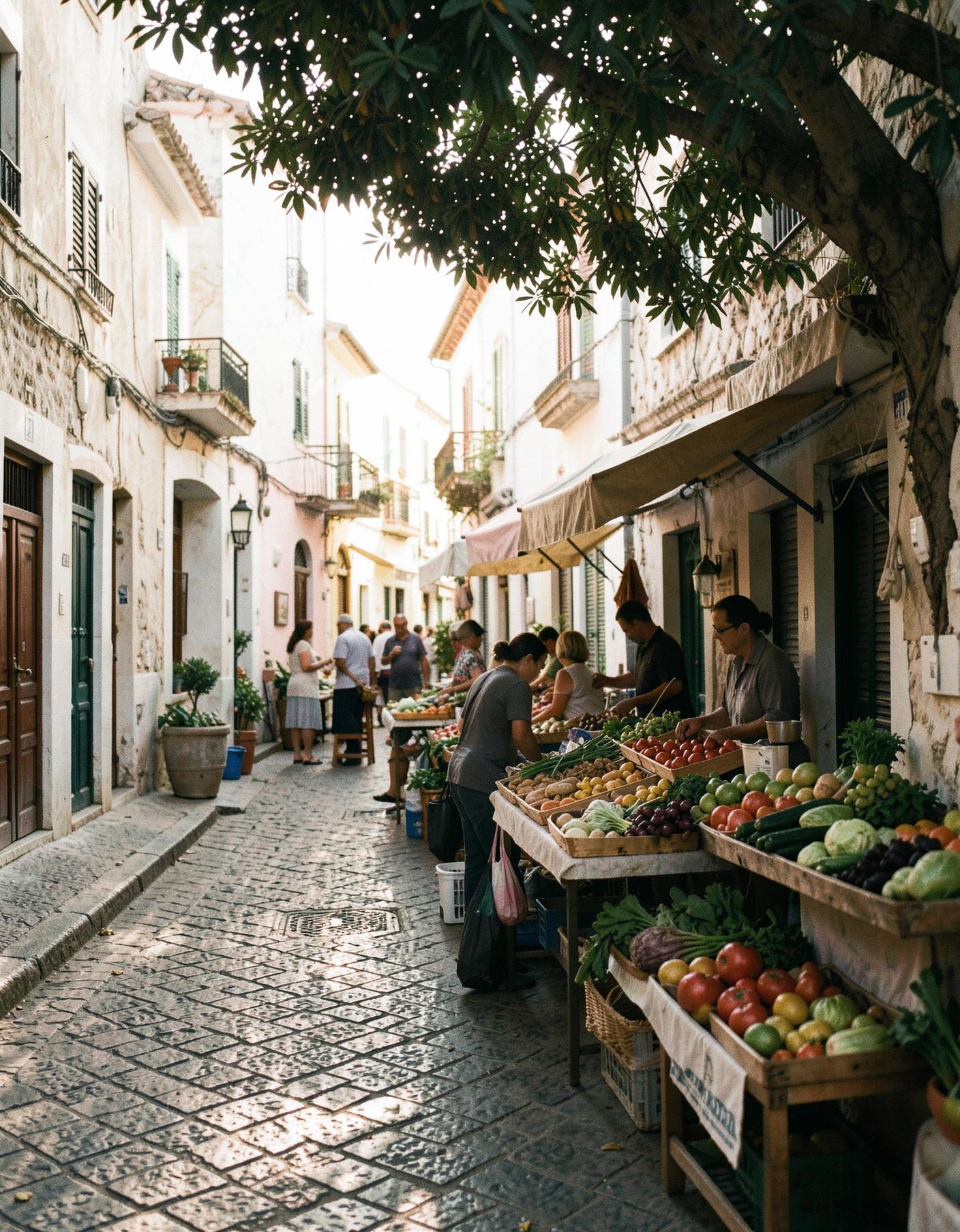A shaded neighbourhood market street in Limassol on a summer morning