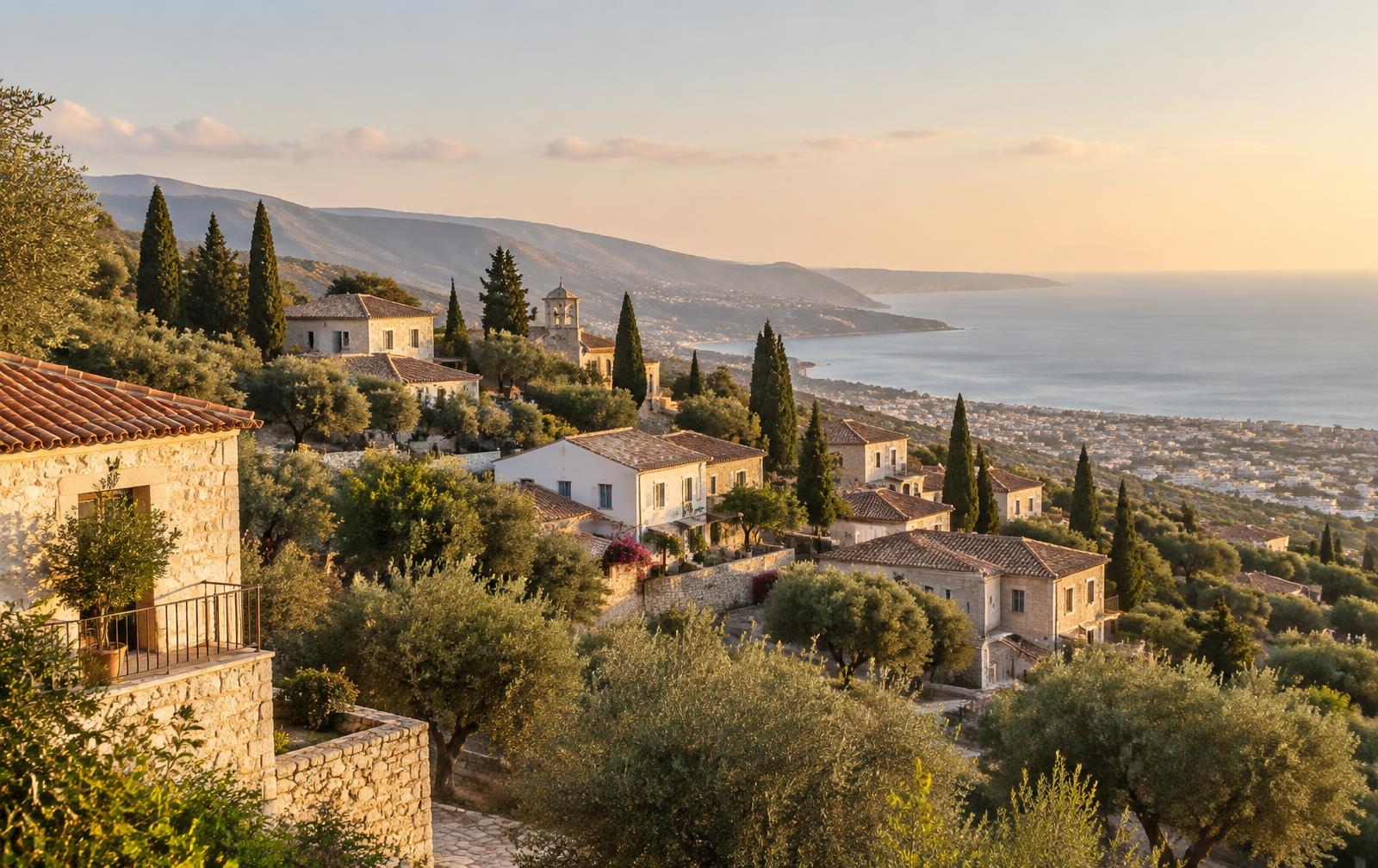 Stone hillside houses among olive and cypress trees with sea views, as in Agios Athanasios, Limassol