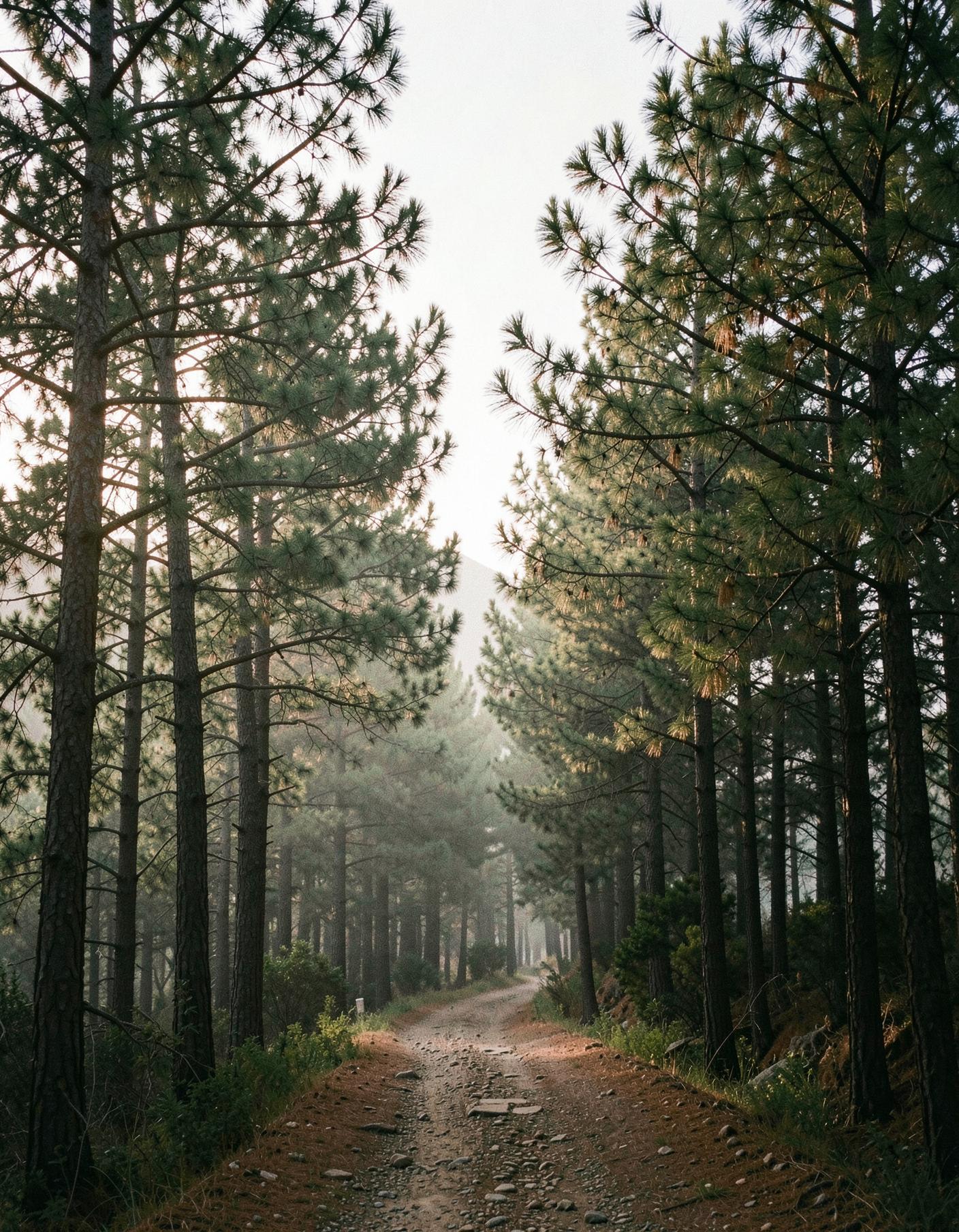 An empty pine forest trail in the Troodos mountains in morning light