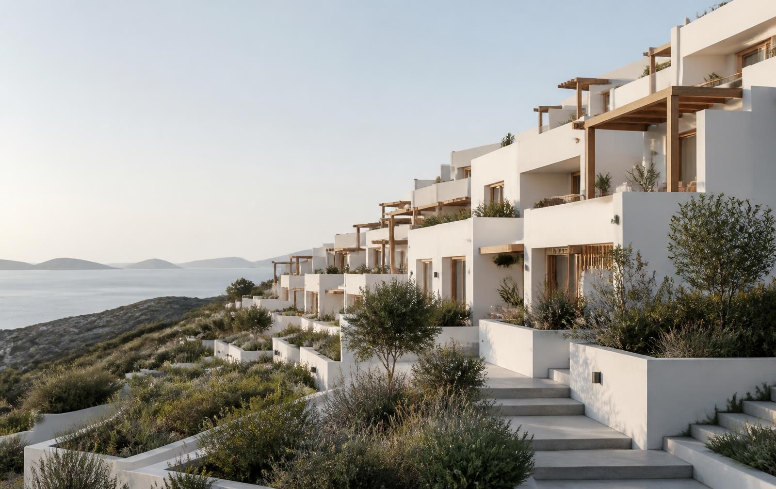 White terraced homes step down a hillside with timber pergolas, native planting and sea views over the bay.