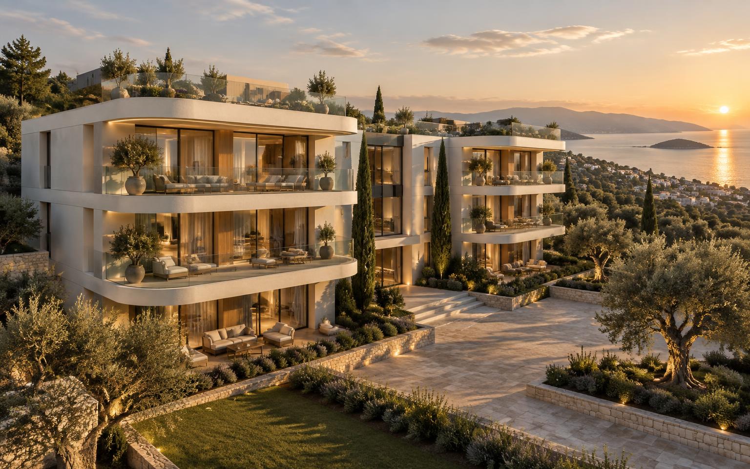 Pre-rendered view of Arvora Collection I at golden hour: two white apartment wings with glass balconies, olive planting and the Limassol coastline beyond.