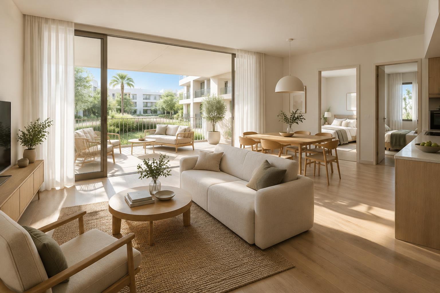 Veranda of residence A202 above the courtyard garden, bright Mediterranean light