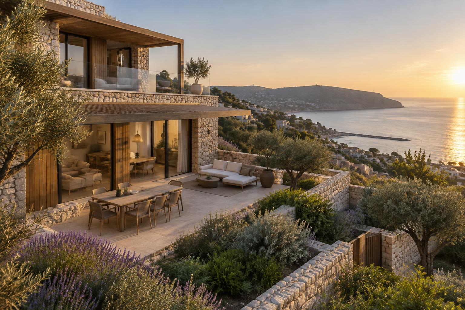 Terraced home H01 on the lower terrace, looking over the bay and headland