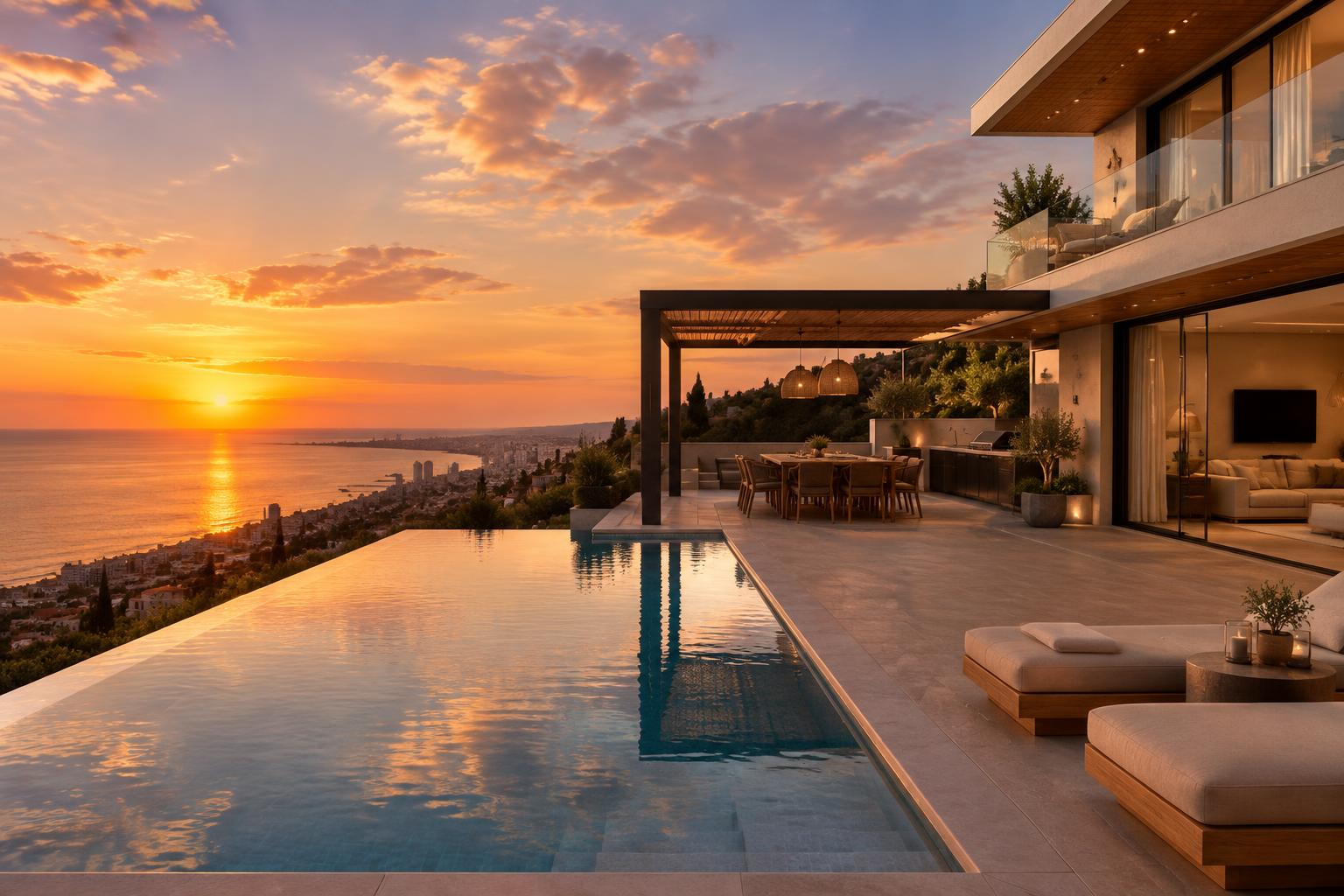Hillside villa H08 at sunset, infinity pool and outdoor dining pergola